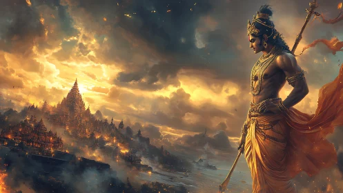 Divine warrior overlooks radiant mythic city at dusk
