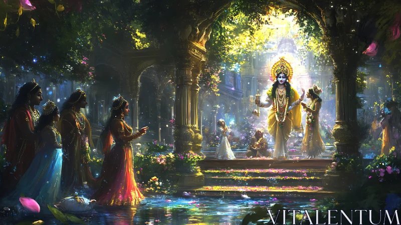 Divine garden procession bathing marble arches in mythic light.