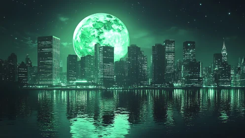 Neon moonrise over reflective futuristic city skyline.