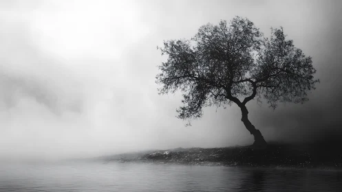 Solitary riverside tree leans into a silver sleeve of fog