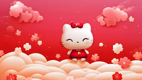 Kawaii white cat mascot on pastel clouds with cherry blossoms