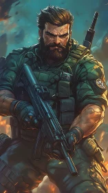 Battle-hardened operator with rifle amid blazing conflict.