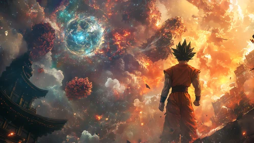 Figure observes cosmic energy sphere amid fragmented sky