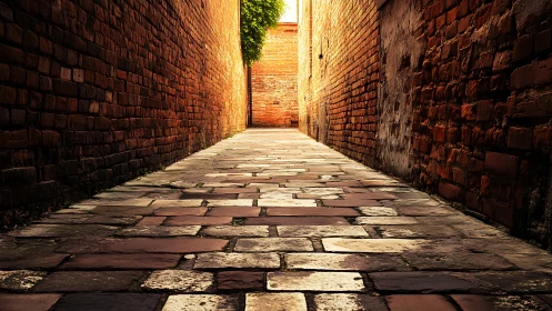 Sunlit brick alley with weathered stone paving perspective.