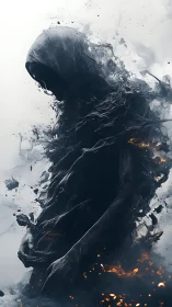 Hooded void wraith dissolving in ash and incendiary embers.