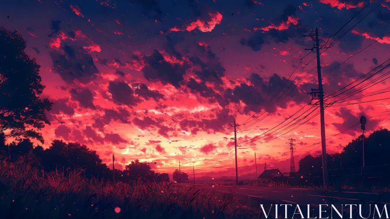 Sunset-lit rural roadway under dense stratocumulus cloud field