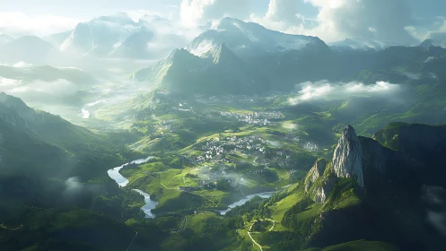 Sunlit alpine valley city rendered in cinematic digital detail