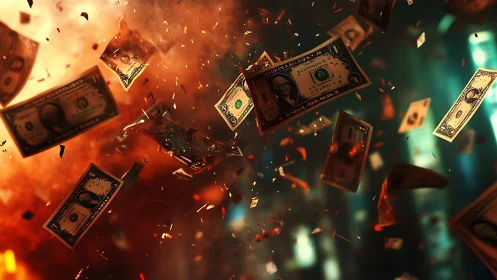 Banknotes in fiery freefall through cinematic chaos and light.