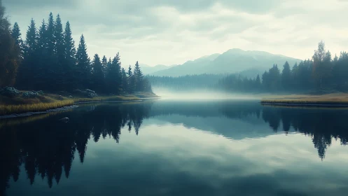 Mist-drunk mountain lake cradling pine-dark reflections.