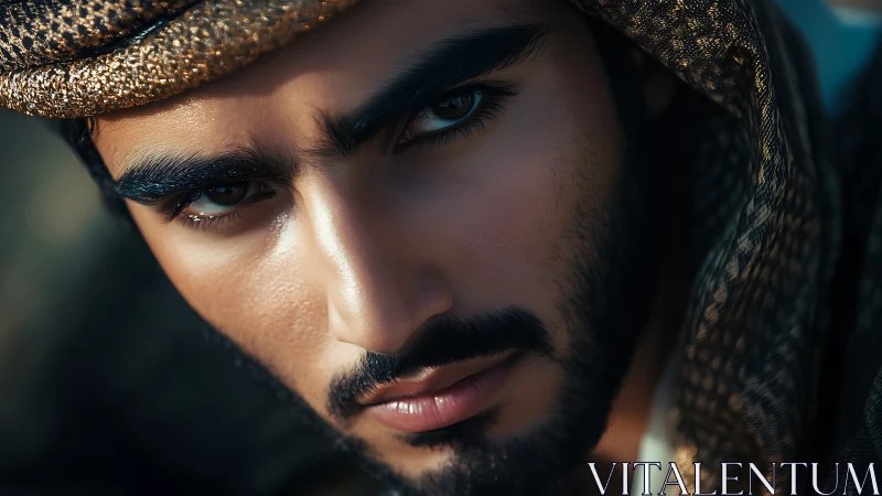 Close-up portrait of man in patterned headscarf, serious gaze.