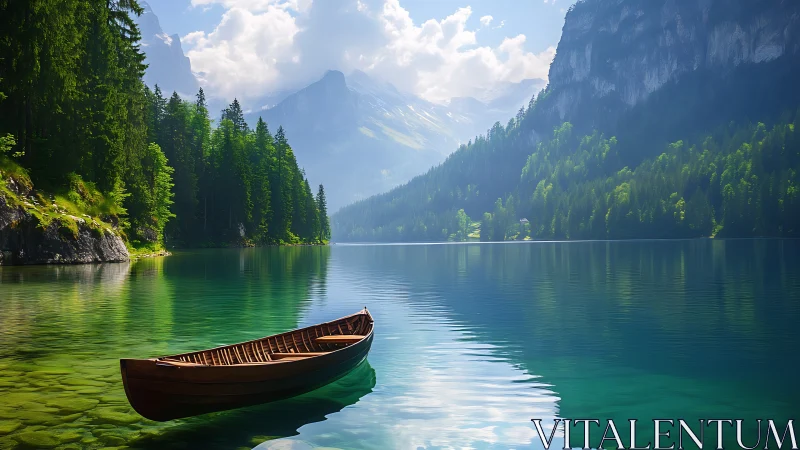 Wooden rowboat on clear mountain lake with conifer slopes.