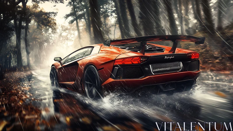 Red supercar accelerates through wet forest road in rain