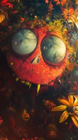 Surreal mossy skull creature with reflective bulbous eyes.