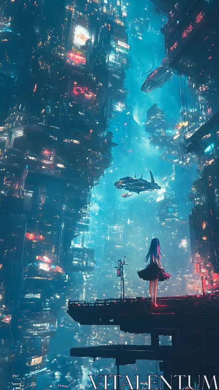 Girl on a neon balcony watching distant starships drift.