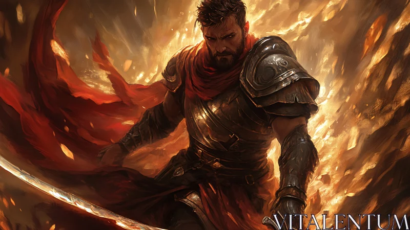 Armored swordsman in red scarf amid swirling firestorm.