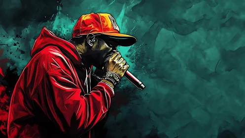 Rapper in red hoodie performs into microphone on teal backdrop