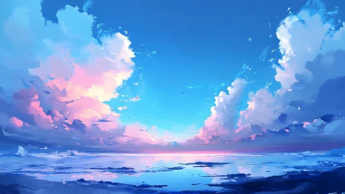 Digital ocean horizon under expansive pink and blue clouds
