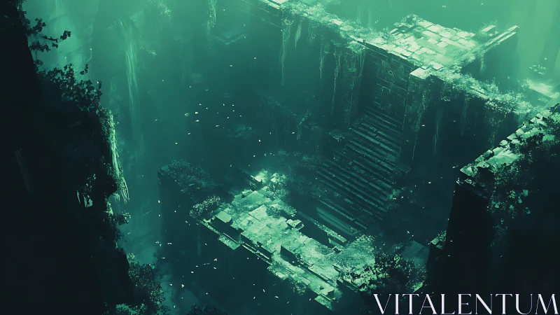 Sunken emerald ruins descend into a mysterious abyss.