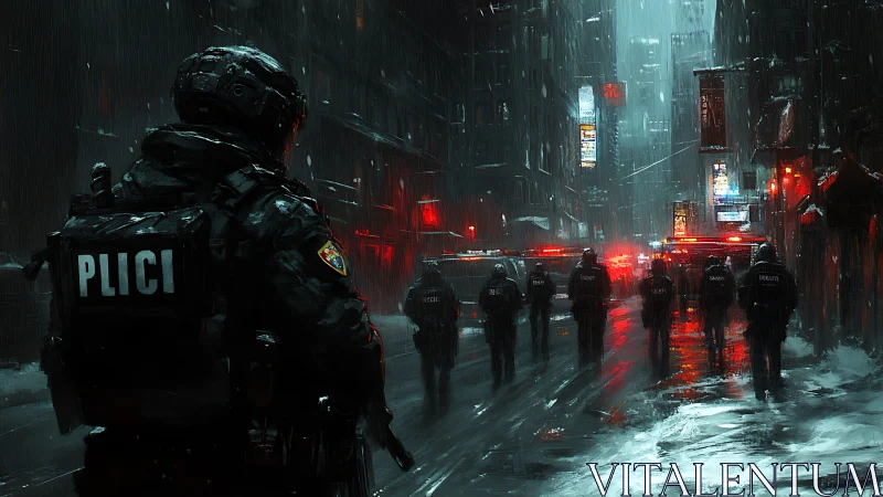 Armed police squad advances through neon-lit rainy city street