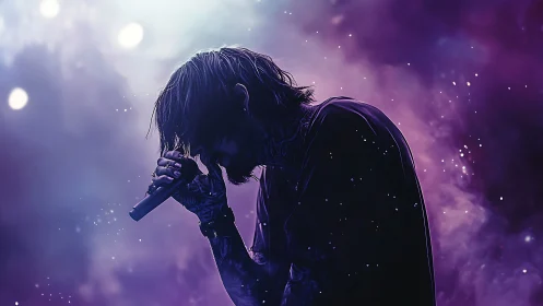 Moody vocalist in neon haze during intense live set.