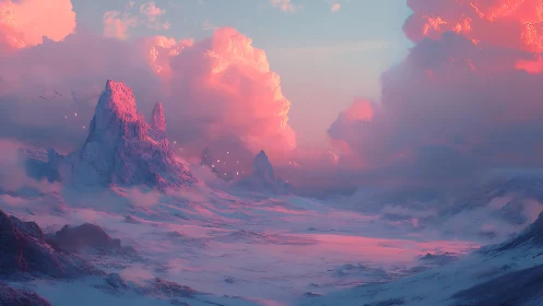 Spectral glacial valley under volumetric rose-cloud scattering.