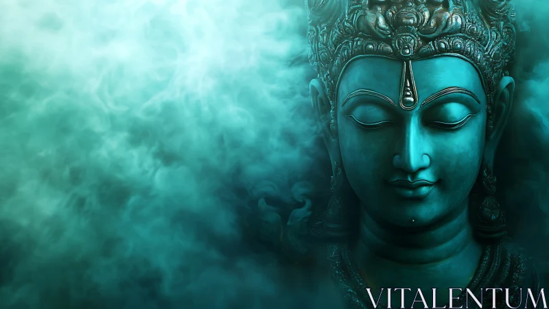 Turquoise Buddha sculpture head emerging through dense mist.