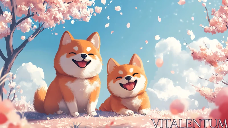 Cheerful cartoon dogs under pink cherry blossoms in spring.