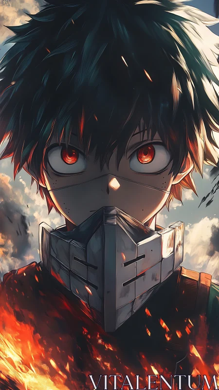 Masked anime character with glowing eyes and surrounding flames.