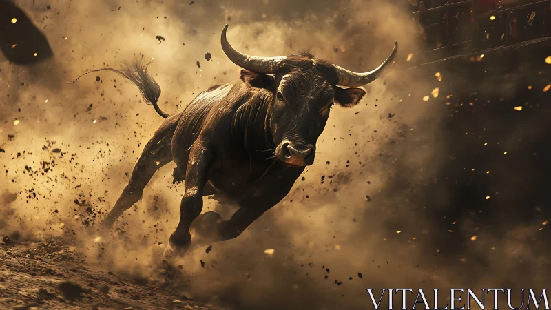 Roaring dust and flying hooves capture a bull’s fierce charge