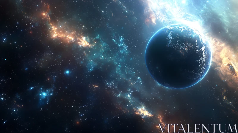 Planetary silhouette against luminous galactic nebula field.