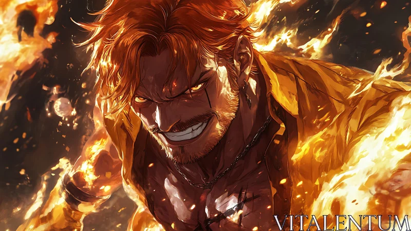 Fierce flame warrior with burning aura and intense gaze.