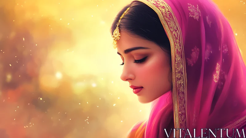 Serene Portrait of Woman in Traditional Attire, Soft Digital Art.
