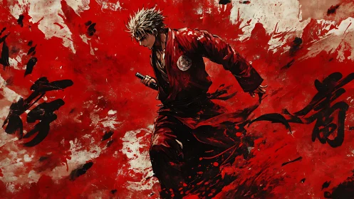 Samurai figure in red robe against abstract red field.