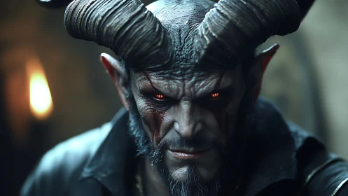 Brooding horned demon gazes forward in dramatic warm light