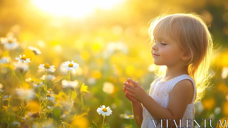 Small child in sunlit daisy field at golden hour.