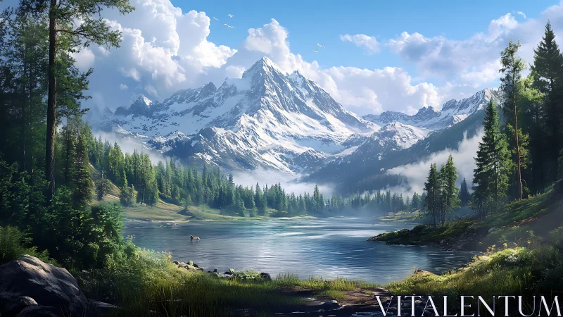 Sunlit alpine lake cradled beneath snowy mountain peaks.