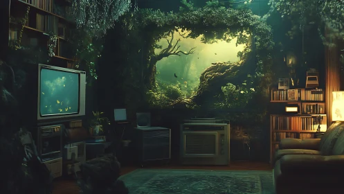 Digital painting blends retro living room with forest portal.