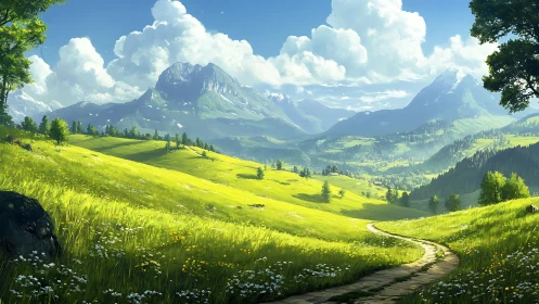 Sunlit alpine valley with winding path and distant peaks.