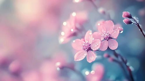 Macro Floral Study: Dewdrop-Kissed Blossoms with Bokeh Luminescence.