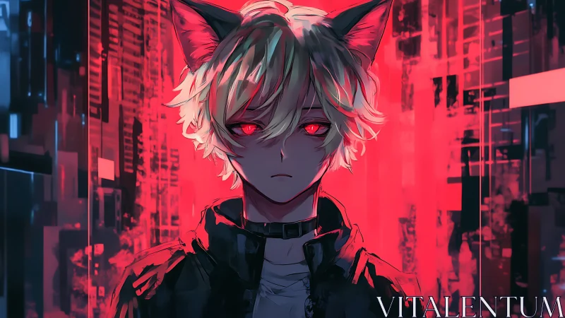 Cat-eared figure stands before red digital cityscape background