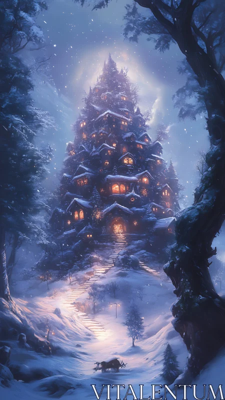 Multi-tiered winter tree dwelling under snowfall at night.