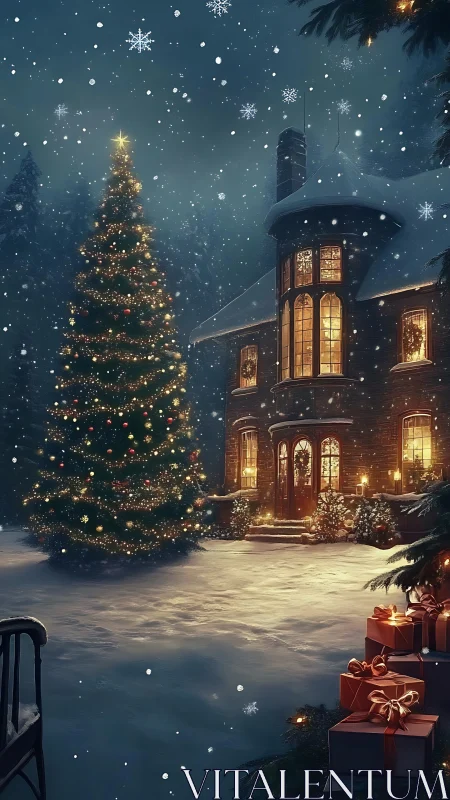 Snowy night scene shows illuminated house and decorated tree