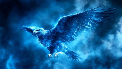Stormlit blue eagle soaring through glowing cosmic clouds.