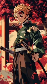 Sword-wielding anime warrior amid vivid autumn foliage.