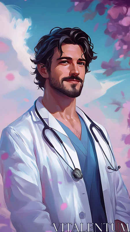 Confident male doctor portrait in stylized outdoor scene.