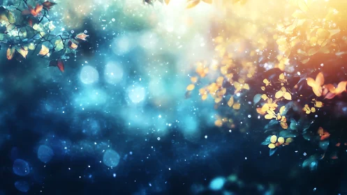 Dreamy bokeh leaves drift through glowing twilight haze
