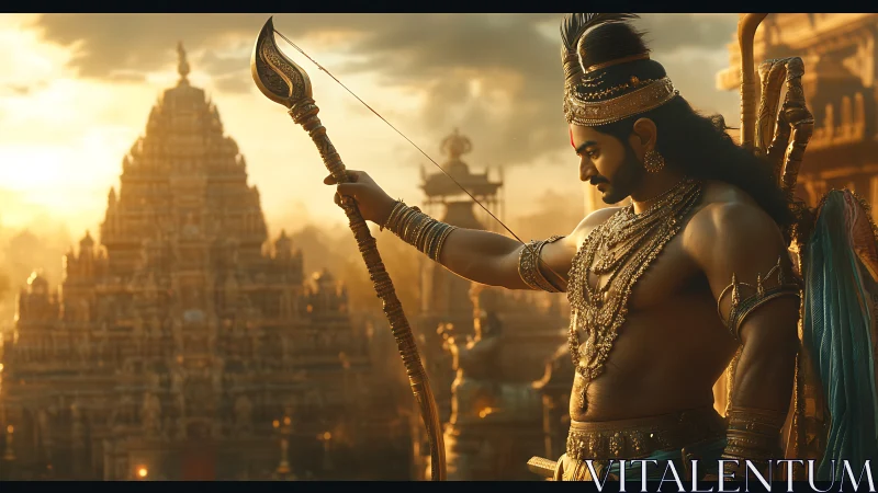 Mythic warrior prince aiming bow over golden temple city.