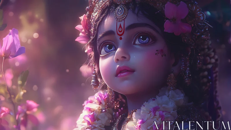 Gentle divine child gazes upward in glowing floral light