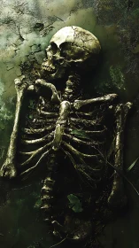Weathered human skeleton lying in dark mossy ground.