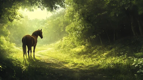 Digital painting of horse on sunlit forest path composition.